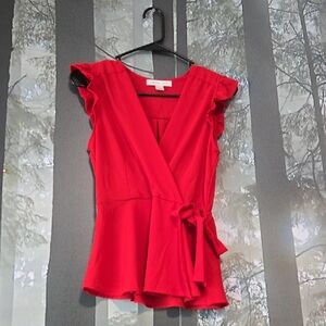 Red Wrap Peplum Blouse with Ruffle Cap Sleeves